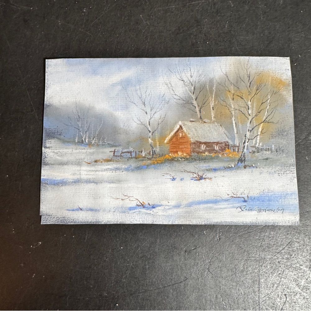 Original Winter Landscape with Cabin on Paper [Art 403]
